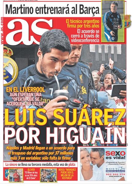 La prensa visualiza la llegada de Suárez ahora que Higüain desembarca en Nápoles.