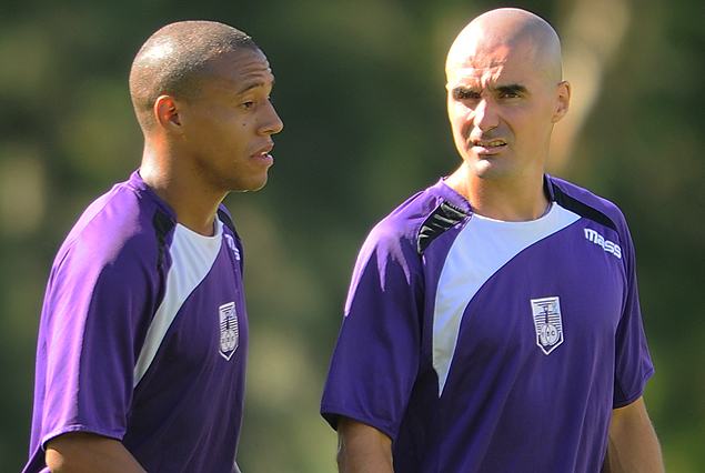 Pablo Pintos y Nicolás Correa en su primer entrenamiento juntos en Defensor Sporting. 