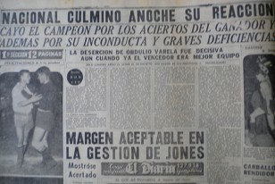 Página Deportiva de "El Diario" dando cuenta de la victoria de Nacional sobre Peñarol 2:1 en el clásico del 3 de enero de 1954. Peñarol terminó con 3 jugadores menos. Ya era Campeón Uruguayo de 1953.