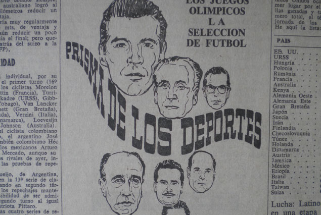 Esta imagen muestra un trozo del aviso vertical del programa "Prisma de los Deportes" que aparecía en la prensa con promoción del mismo. Pertenece a octubre de 1968. Aquellos avisos eran dibujados y allí se ve en primer plano la cara de "Lalo" Fernández, luego del Dr. César L. Gallardo y en tercer lugar la de Julio Sánchez Padilla. Entre ellos el nombre del programa un tanto estilizado. De aquí nació "Estadio Uno".