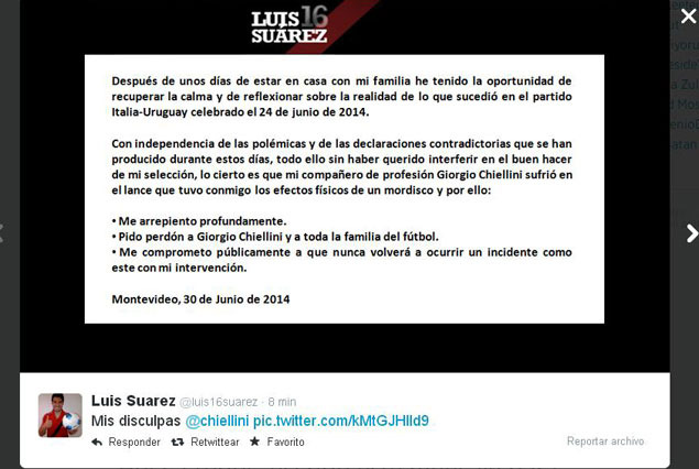 La carta de Luis Suárez donde pidió disculpas.