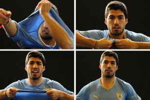 Luis Suárez se coloca la camiseta de Uruguay que vestirá esta tarde, para el lente de Fernando González, exclusiva para tenfield.com. Ahí está el Bombardero, en las cuatro posiciones que marcan su retorno a la titularidad con la camiseta más linda, la de todos.