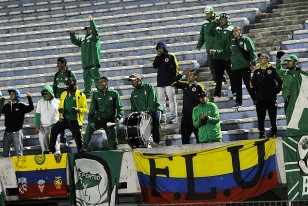El grupillo de hinchas de Deportivo Cali en la tribuna América.