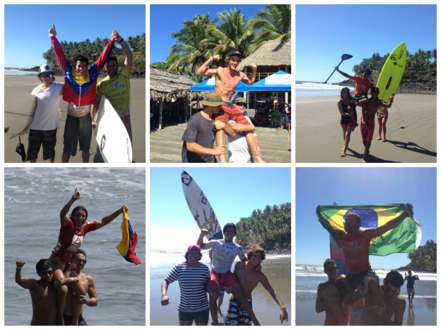 Foto: Los campeones latinos y el campeón de la etapa en un día que quedará guardado en los libros de historia del surfing latino. Crédito: ALAS
