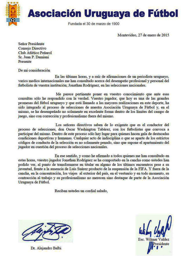 La carta de la Asociación Uruguaya de Fútbol a Peñarol firmada por el Esc. Wilmar Valdez y el Dr. Alejandro Balbi. 