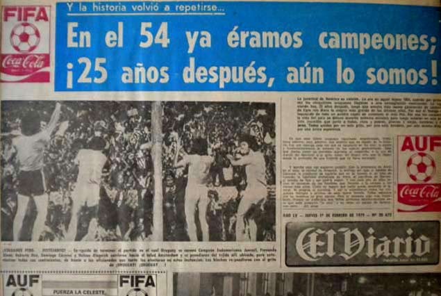 Tapa de "El Diario" al otro día de conquistar el título de Campeón Sudamericano Sub-20 en el Estadio Centenario en 1979. El título apela a la conquista inicial de 1954, en Venezuela, cuando se iniciar los torneos juveniles. ¡Ojalá el domingo los diarios puedan expresar que luego de 34 años los botijas celestes vuelven a ser Campeones Sudamericanos. Con esa finalidad deben mentalizar los entrenadores a sus muchachos.
