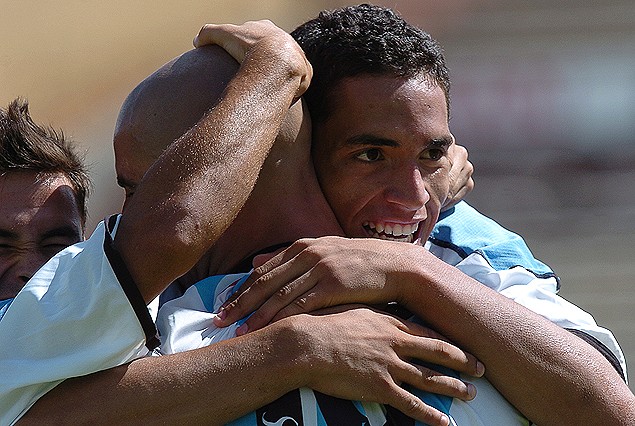 Braian Rodríguez en el festejo albiceleste del 5.0 donde convirtió un gol. 
