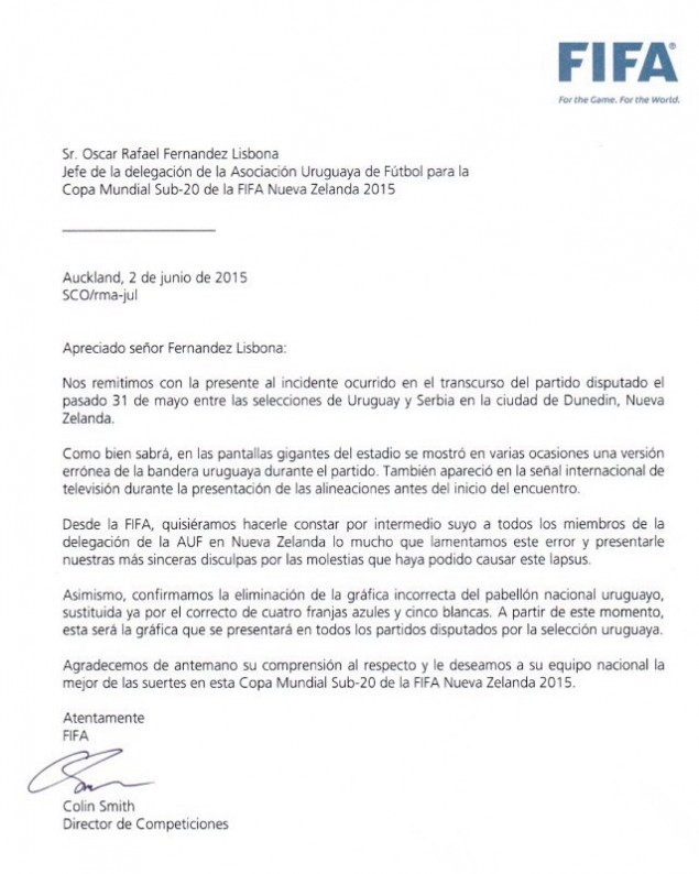 La nota de la FIFA al vicepresidente de la AUF y presidente de la delegación celeste.